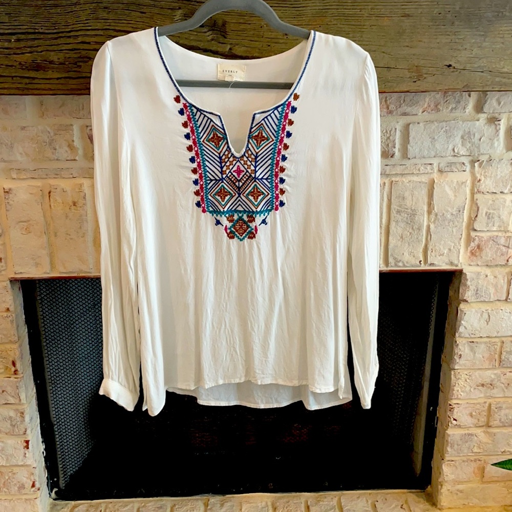 Medium Everly top. White with colored embroidery